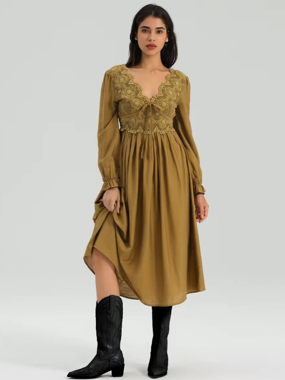 Olive Lace-Detail Midi Dress - Women's